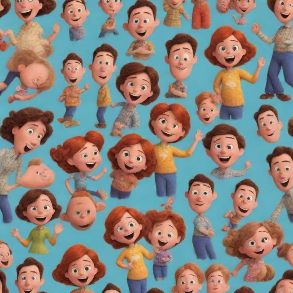 A joyful Pixar-style family, with characters showing a wide range of emotions and unique character designs. Include a vibrant color palette and hint of the Disney magic.