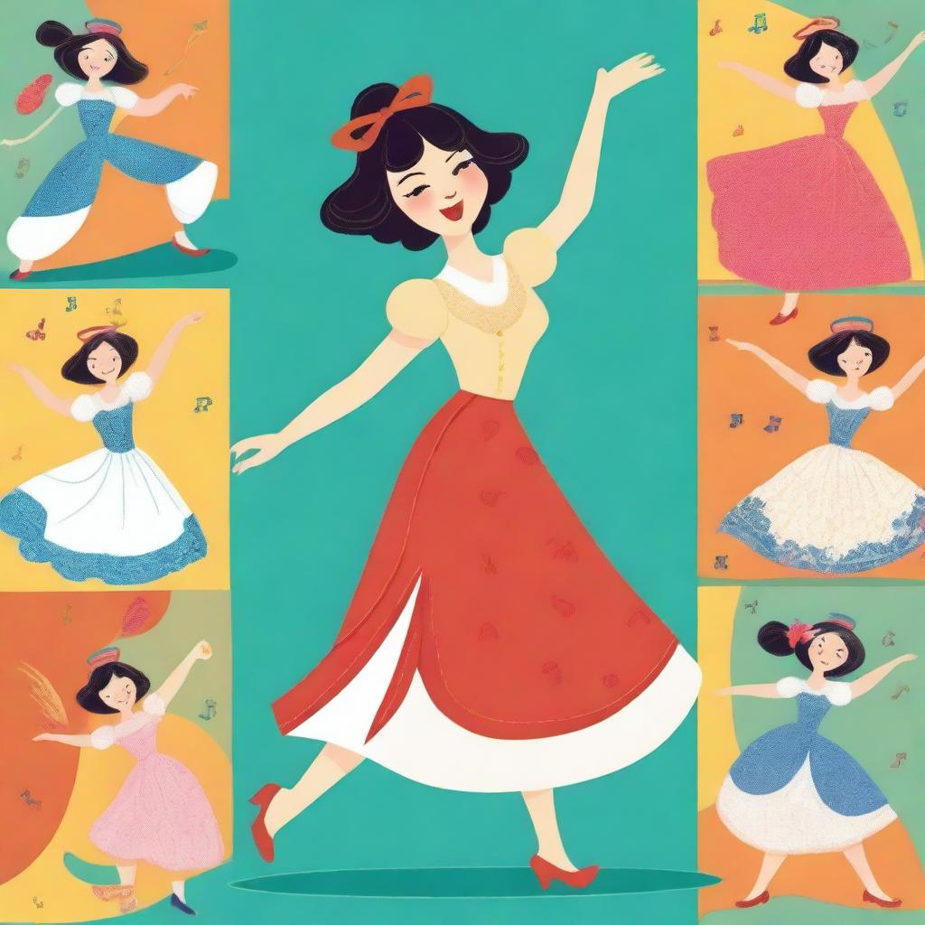 A refined lady dressed elegantly performing different moves in a collage format for a children's book