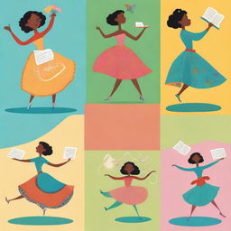 A refined lady dressed elegantly performing different moves in a collage format for a children's book