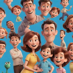 A joyful Pixar-style family, with characters showing a wide range of emotions and unique character designs. Include a vibrant color palette and hint of the Disney magic.