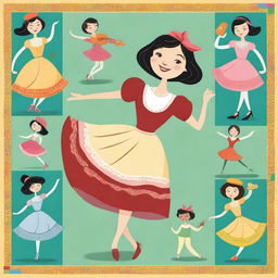 A refined lady dressed elegantly performing different moves in a collage format for a children's book