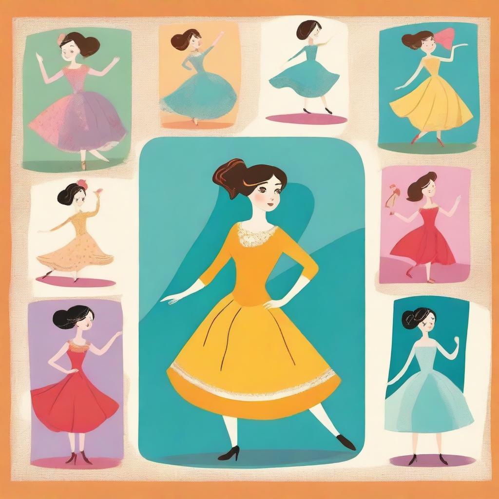 A refined lady dressed elegantly performing different moves in a collage format for a children's book