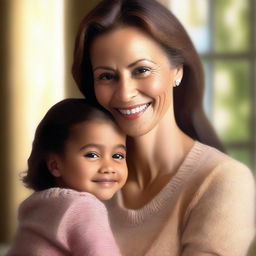 A warm and loving depiction of a mom, smiling and holding her child in a comforting embrace