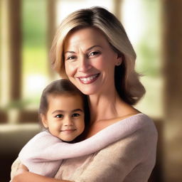 A warm and loving depiction of a mom, smiling and holding her child in a comforting embrace