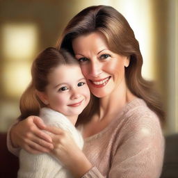 A warm and loving depiction of a mom, smiling and holding her child in a comforting embrace