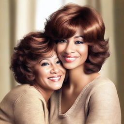 Create a digital artwork of a mother wearing a brown wig