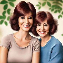 Create a digital artwork of a mother wearing a brown wig