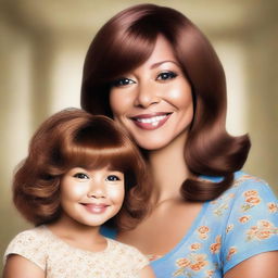 Create a digital artwork of a mother wearing a brown wig