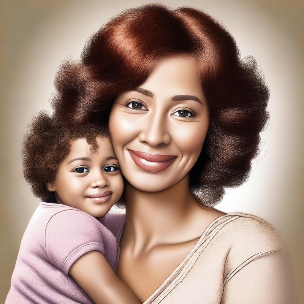 Create a digital artwork of a mother with a button nose, wearing a brown wig and having light-colored skin