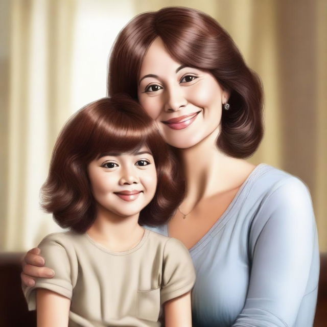 Create a digital artwork of a mother with a button nose, wearing a brown wig and having light-colored skin