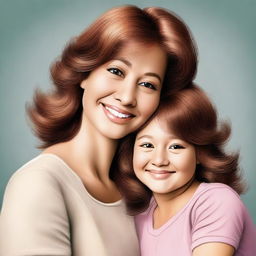 Create a digital artwork of a mother with a button nose, wearing a brown wig and having light-colored skin