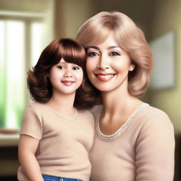 Create a digital artwork of a mother with a button nose, wearing a brown wig and having light-colored skin