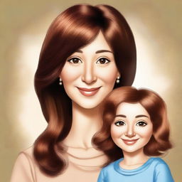 Create a digital artwork of a mother with a button nose, wearing a brown wig and having light-colored skin