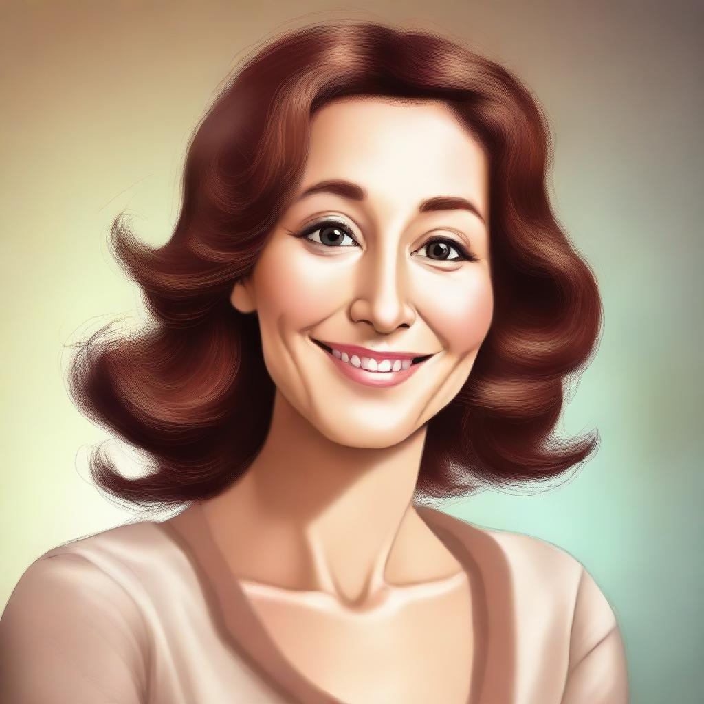 Create a digital artwork of a mother with a button nose, wearing a brown wig and having light-colored skin