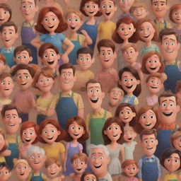 A joyful Pixar-style family, with characters showing a wide range of emotions and unique character designs. Include a vibrant color palette and hint of the Disney magic.