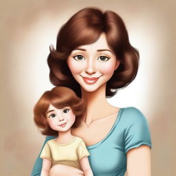 Create a digital artwork of a mother with a button nose, wearing a brown wig and having light-colored skin