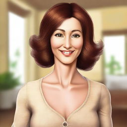 Create a digital artwork of a mother with a button nose, wearing a brown wig and having light-colored skin