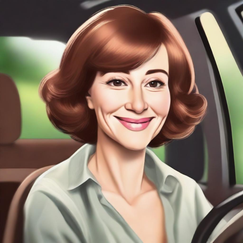 Create a digital artwork of a mother with a button nose, wearing a brown wig and having light-colored skin