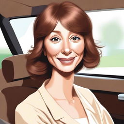 Create a digital artwork of a mother with a button nose, wearing a brown wig and having light-colored skin