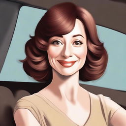 Create a digital artwork of a mother with a button nose, wearing a brown wig and having light-colored skin