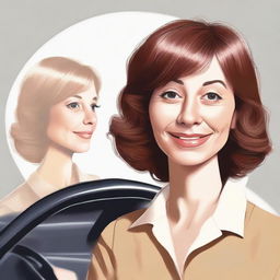 Create a digital artwork of a mother with a button nose, wearing a brown wig and having light-colored skin