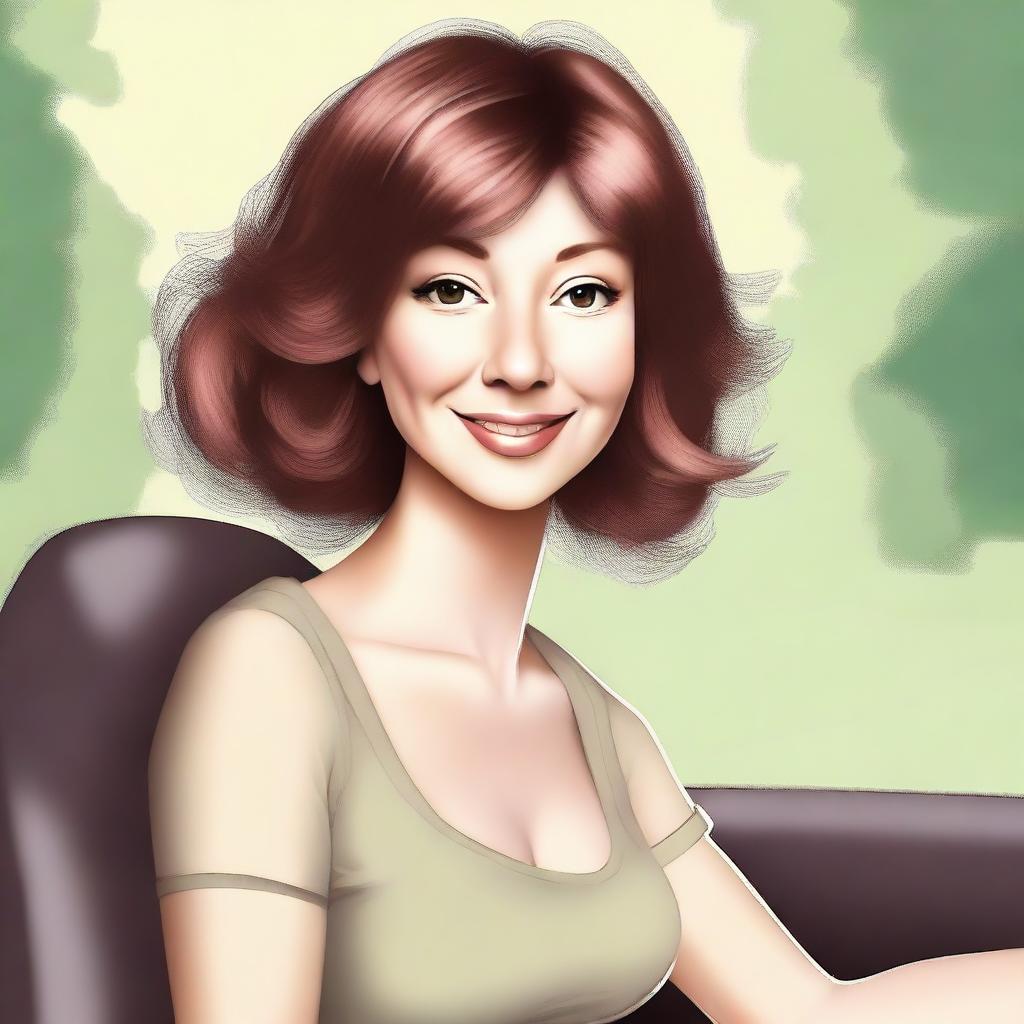 Create a digital artwork of a mother with a button nose, wearing a brown wig and having light-colored skin