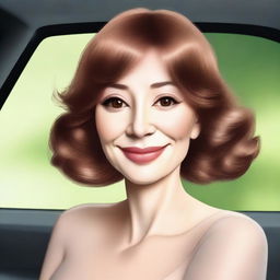 Create a digital artwork of a mother with a button nose, wearing a brown wig and having light-colored skin