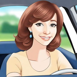 Create a digital artwork of a mother with a button nose, wearing a brown wig and having light-colored skin