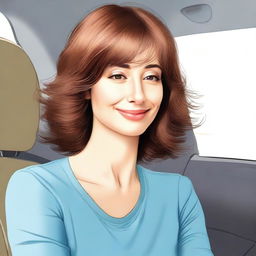 Create a digital artwork of a mother with a button nose, wearing a brown wig and having light-colored skin