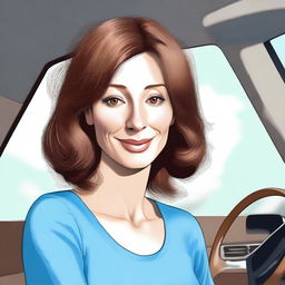 Create a digital artwork of a mother with a button nose, wearing a brown wig and having light-colored skin