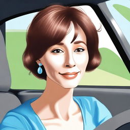 Create a digital artwork of a mother with a button nose, wearing a brown wig and having light-colored skin