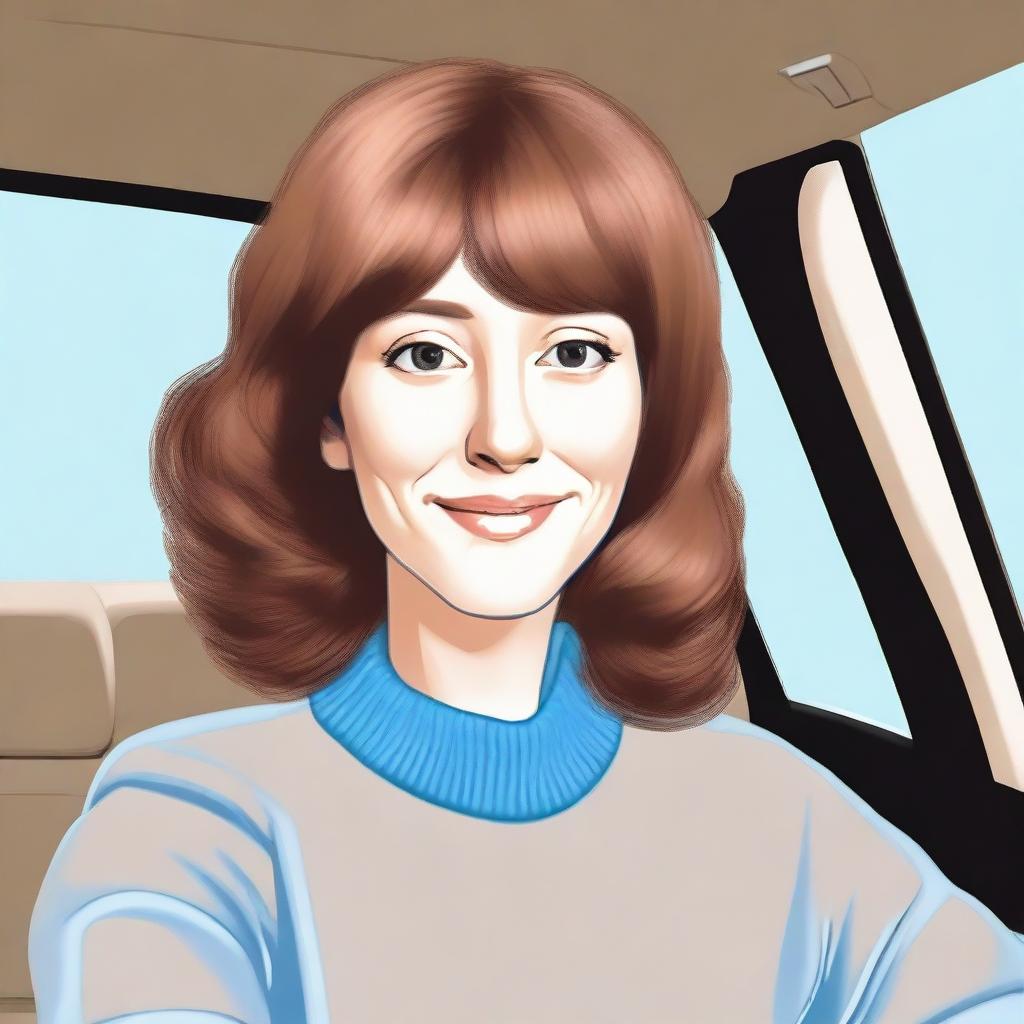 Create a digital artwork of a mother with a button nose, wearing a brown wig and having light-colored skin