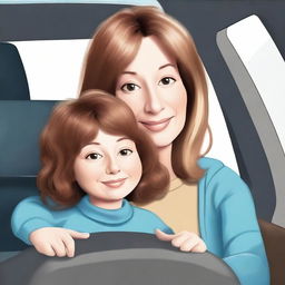 Create a digital artwork of a mother with a button nose, wearing a brown wig and having light-colored skin