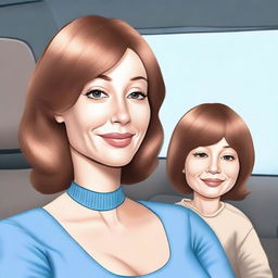 Create a digital artwork of a mother with a button nose, wearing a brown wig and having light-colored skin