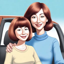 Create a digital artwork of a mother with a button nose, wearing a brown wig and having light-colored skin