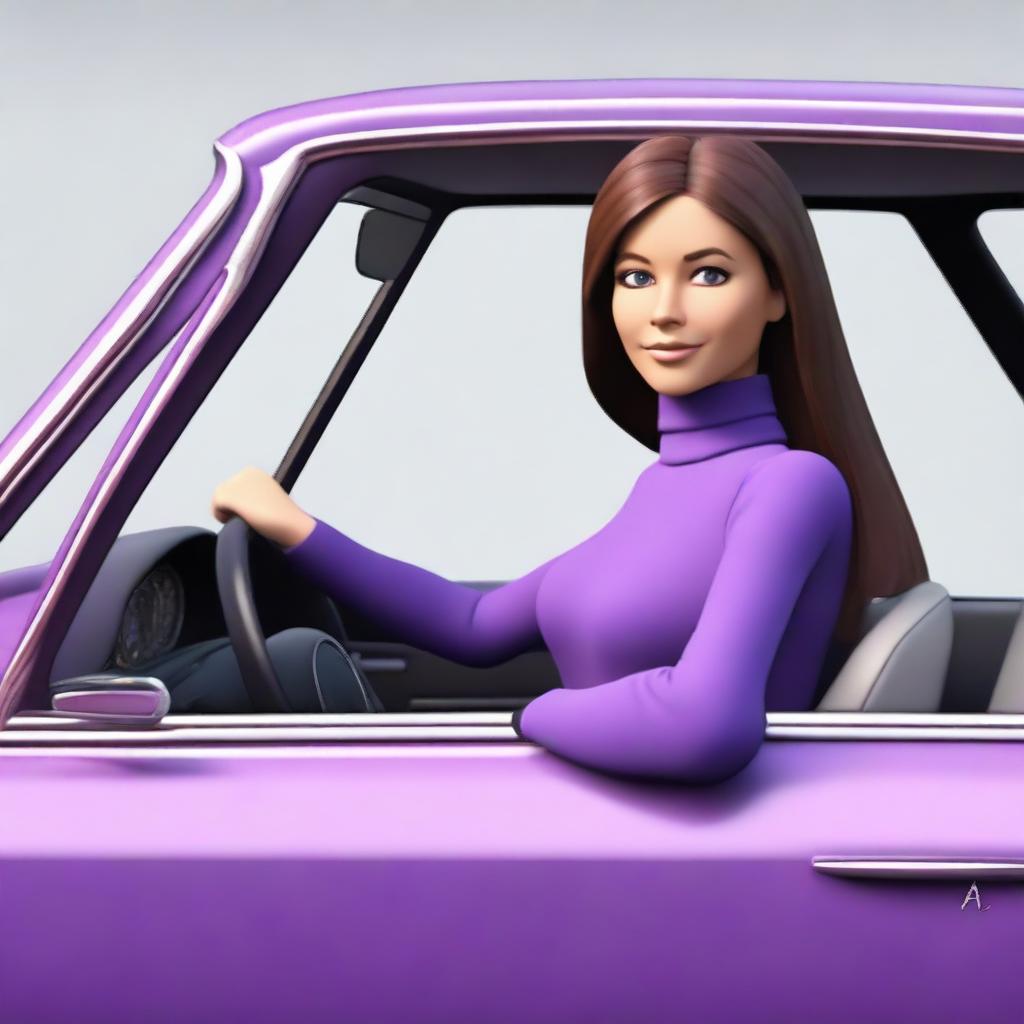 Create a digital avatar of a lady driving a car, wearing a purple shirt with long sleeves and a full turtleneck