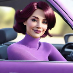 Create a digital avatar of a lady driving a car, wearing a purple shirt with long sleeves and a full turtleneck