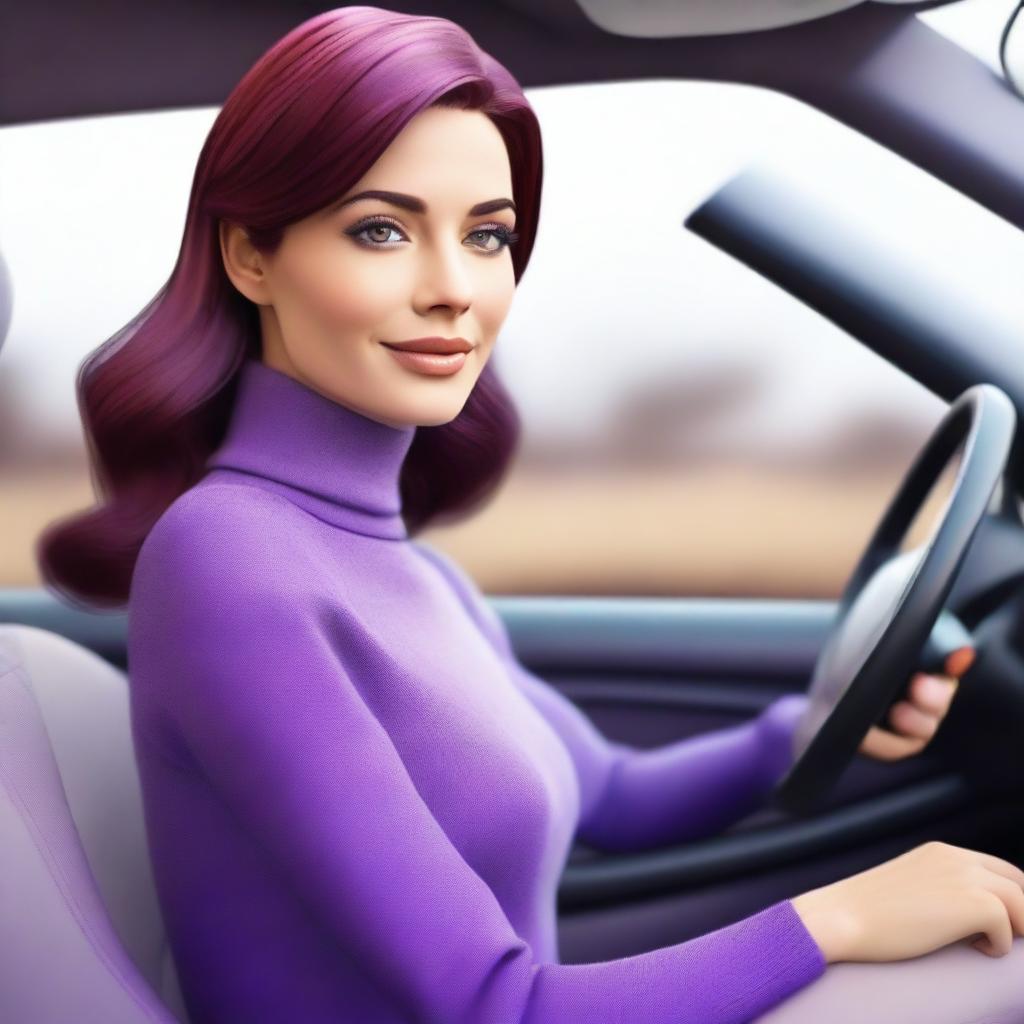 Create a digital avatar of a lady driving a car, wearing a purple shirt with long sleeves and a full turtleneck