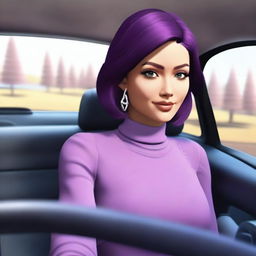 Create a digital avatar of a lady driving a car, wearing a purple shirt with long sleeves and a full turtleneck