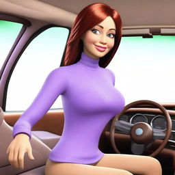 Create a digital avatar of a lady driving a car, wearing a purple shirt with long sleeves and a full turtleneck