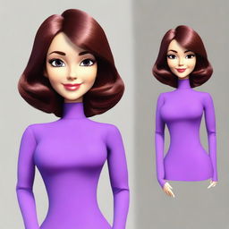 Create a digital avatar of a lady driving a car, wearing a purple shirt with long sleeves and a full turtleneck