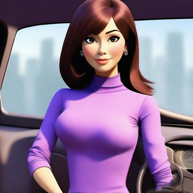 Create a digital avatar of a lady driving a car, wearing a purple shirt with long sleeves and a full turtleneck