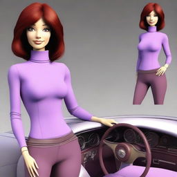 Create a digital avatar of a lady driving a car, wearing a purple shirt with long sleeves and a full turtleneck