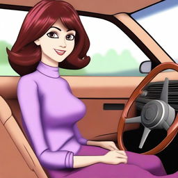 Create a digital avatar of a lady driving a car with one hand on the steering wheel