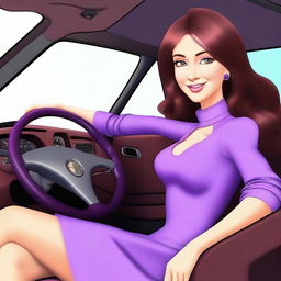 Create a digital avatar of a lady driving a car with one hand on the steering wheel