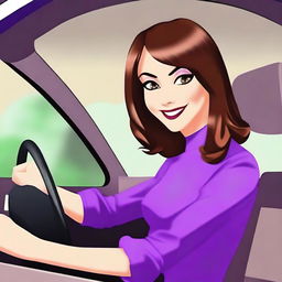 Create a digital avatar of a lady driving a car with one hand on the steering wheel