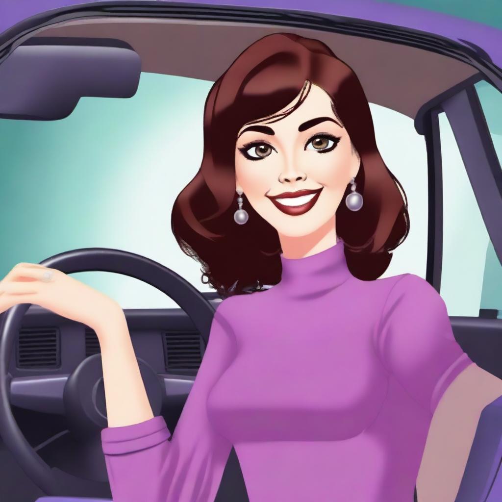 Create a digital avatar of a lady driving a car with one hand on the steering wheel