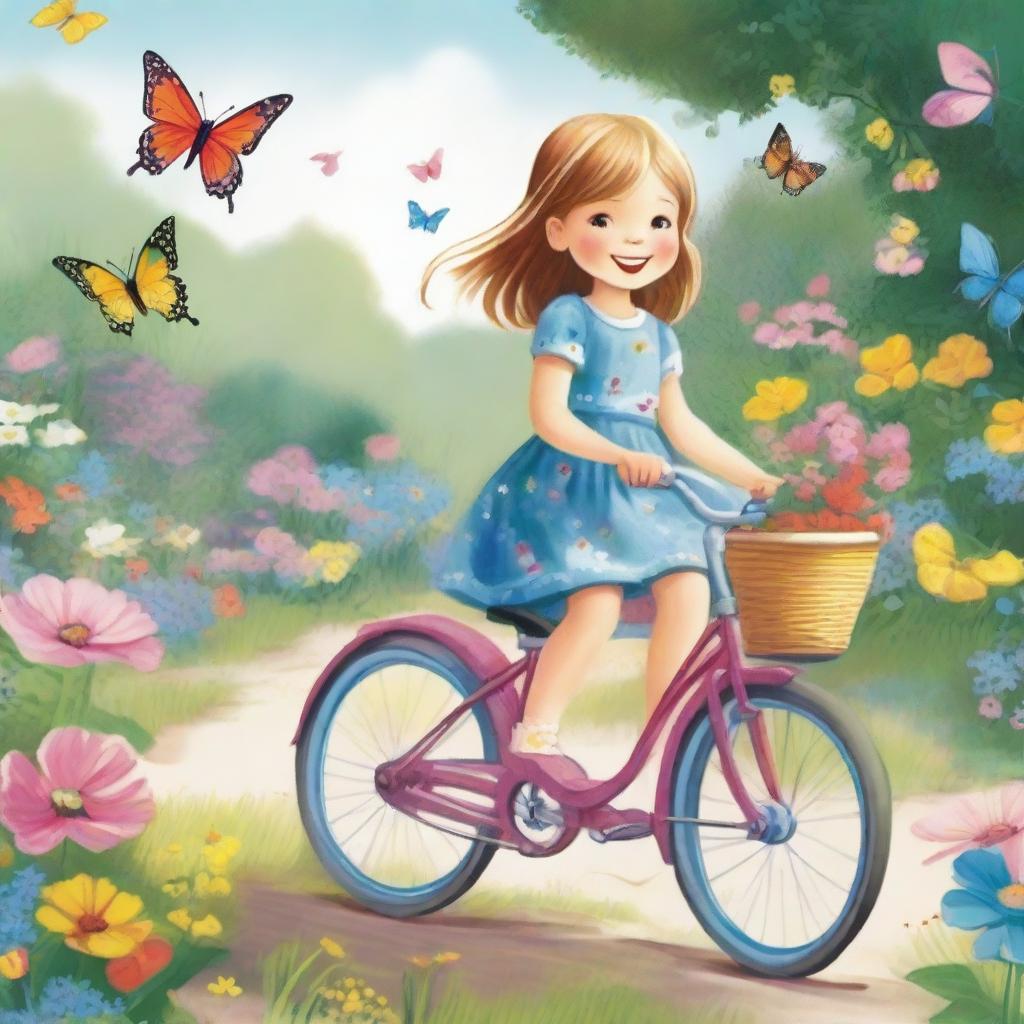 A detailed and charming illustration of a young girl riding a bike