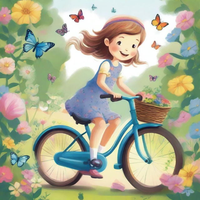 A detailed and charming illustration of a young girl riding a bike