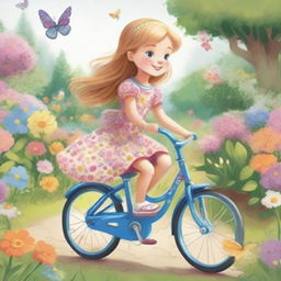 A detailed and charming illustration of a young girl riding a bike